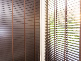 Faux wood blinds in a beautiful wooden finish, gracing a living room window with soft, filtered sunlight.